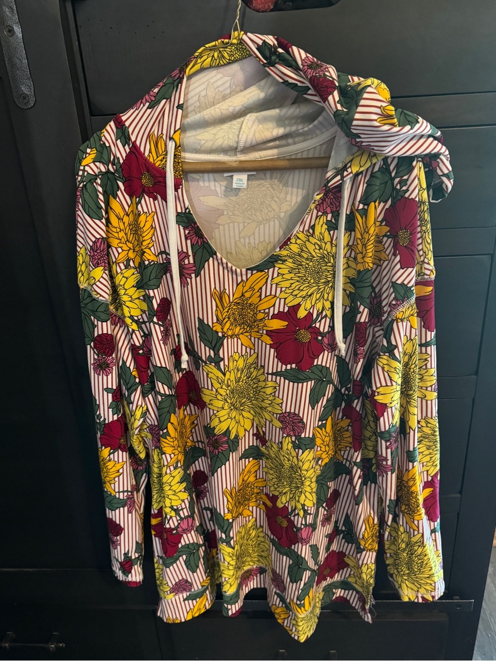LuLaRoe Floral V-Neck Hoodie in Yellow, Burgundy & Green